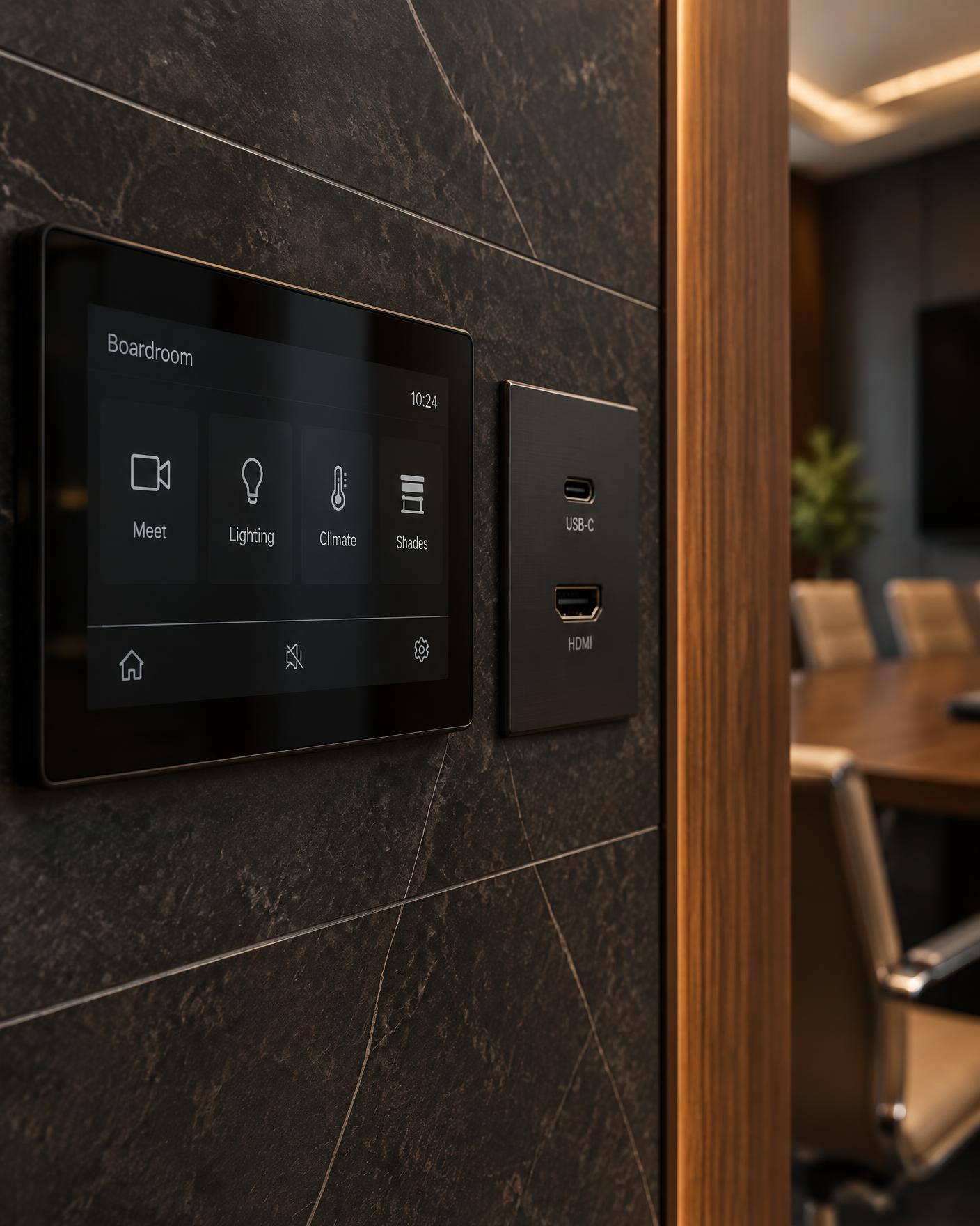 Wall-mounted touchscreen room control panel and USB-C connectivity faceplate