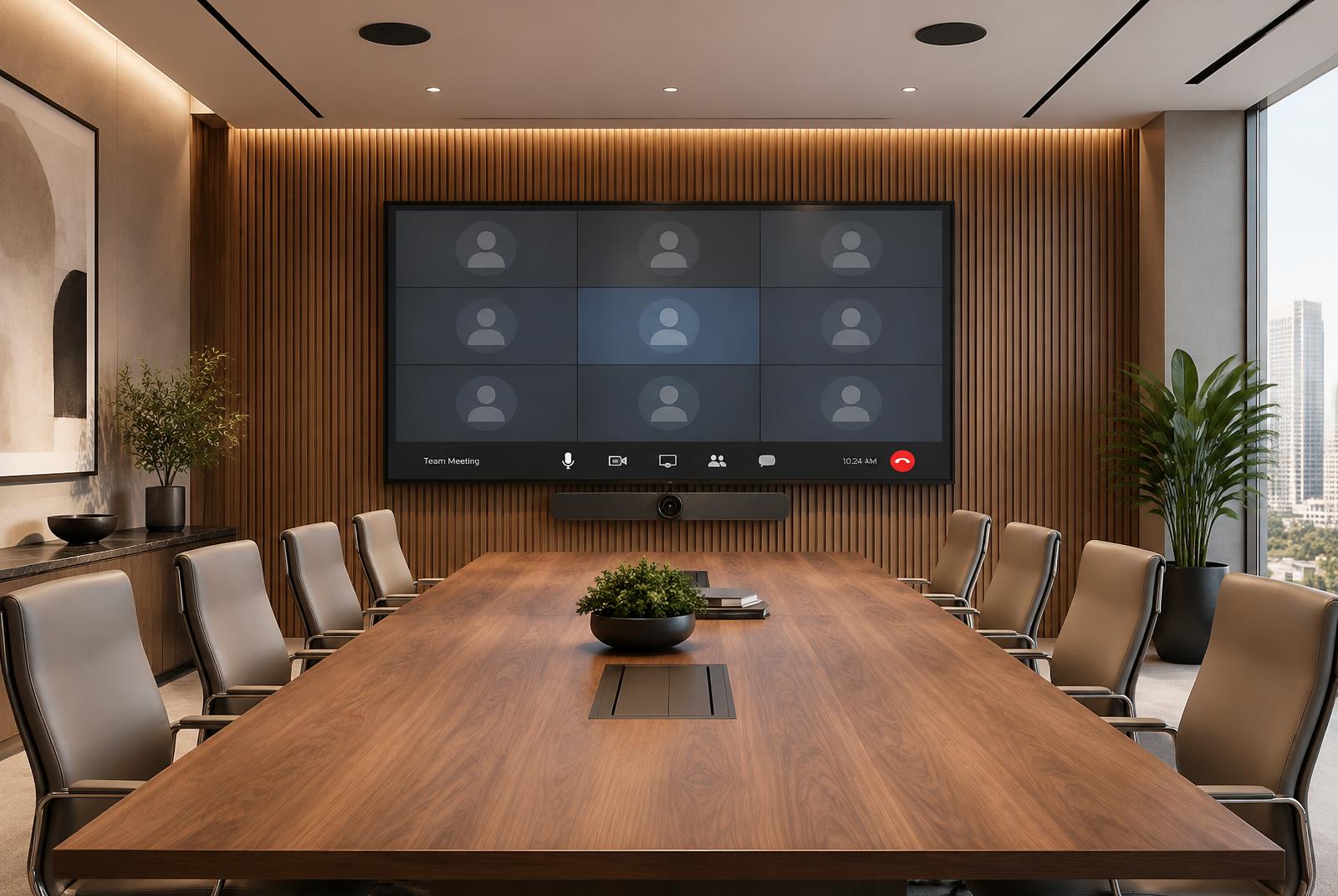 Corporate meeting room with video conferencing display and integrated ceiling microphones