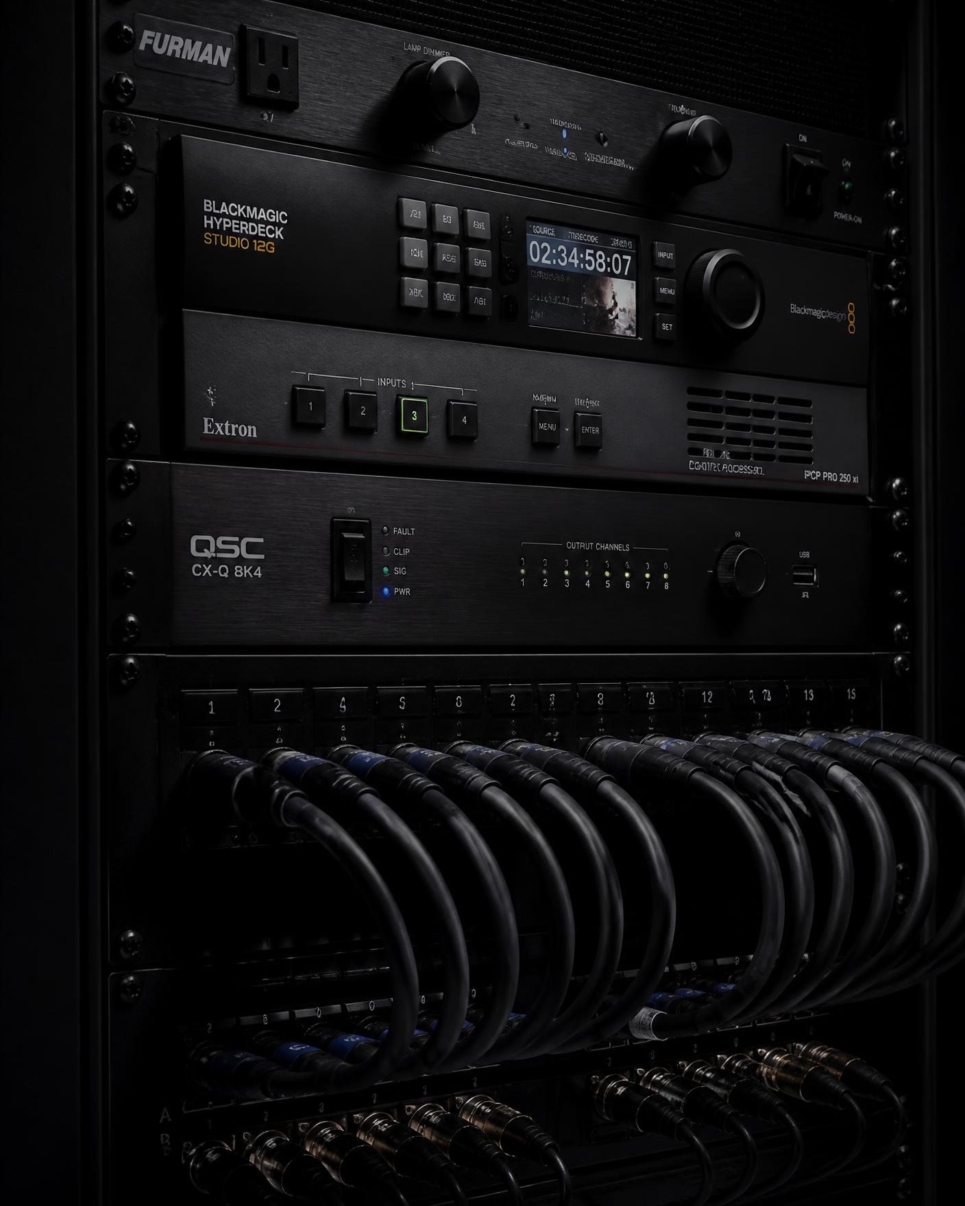 Commercial audiovisual equipment rack with structured cabling