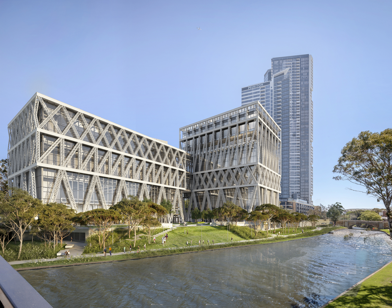 Contemporary cultural venue exterior illuminated at dusk